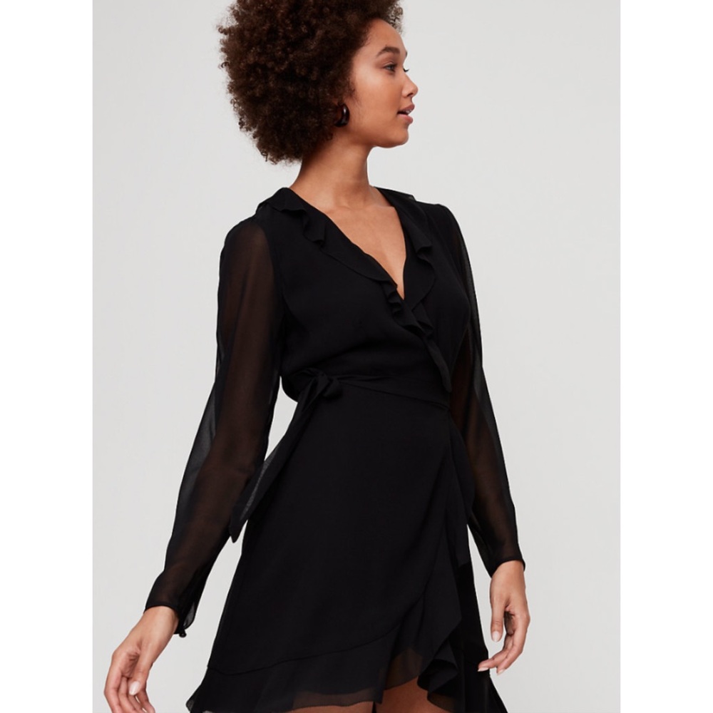 Aritzia Wilfred Louise Sheer Black Wrap Mini Dress